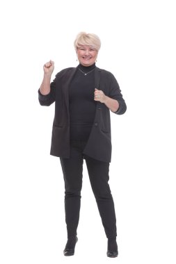 Tam gelişim. Mutlu iş kadını sana bakıyor. beyaz arkaplanda izole.