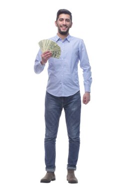 Tam gelişim. Dolarların hayranı mutlu bir adam. beyaz arkaplanda izole edilmiş.