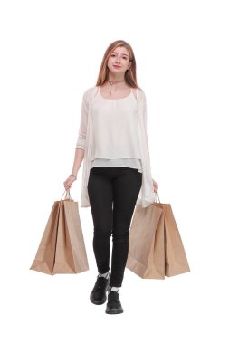 Çekici bir bayanın tam boy profil fotoğrafı birçok izole edilmiş beyaz arka plan taşımaktadır.