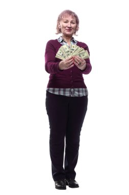 Tam gelişim. Yetişkin bir kadın elindeki banknotlara bakıyor. bir beyaz üzerinde izole
