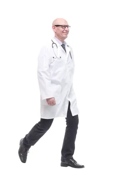 Rear View Male Doctor Stethoscope Striding Forward Isolated White Background — Stock Photo, Image