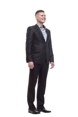 Tam gelişim. Yakışıklı genç iş adamı. beyaz arkaplanda izole edilmiş.