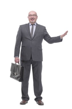 Executive business man with a leather briefcase. isolated on a white background.