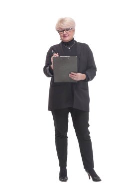 Tam gelişim. Dosyası olan yönetici bir iş kadını. beyaz arkaplanda izole edilmiş.