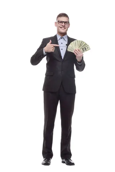 Full Growth Happy Young Businessman Cash Banknotes Isolated White Background 免版税图库照片