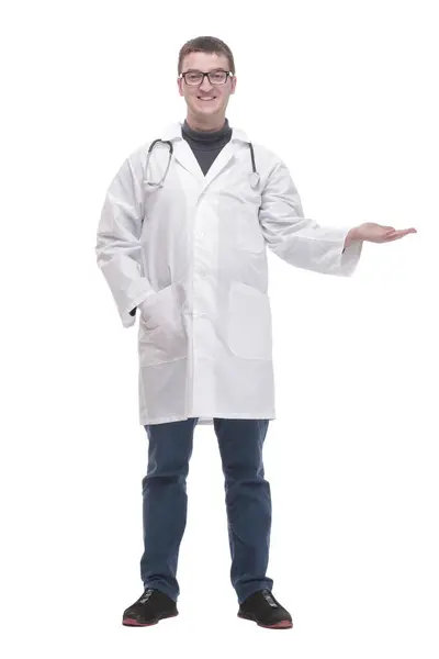 Full Growth Qualified Doctor Stethoscope Isolated White Background 图库照片