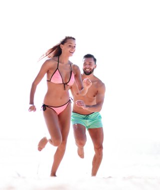 Yaz tatili, Cennet plaj üzerinde eğleniyor çift.