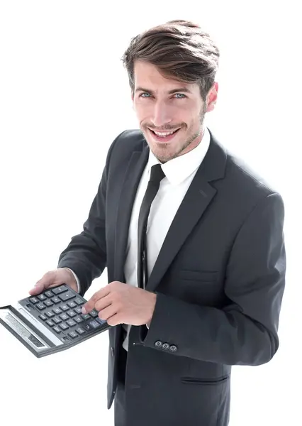 Hombre Sonríe Cuenta Con Calculadora Débito Crédito — Foto de Stock