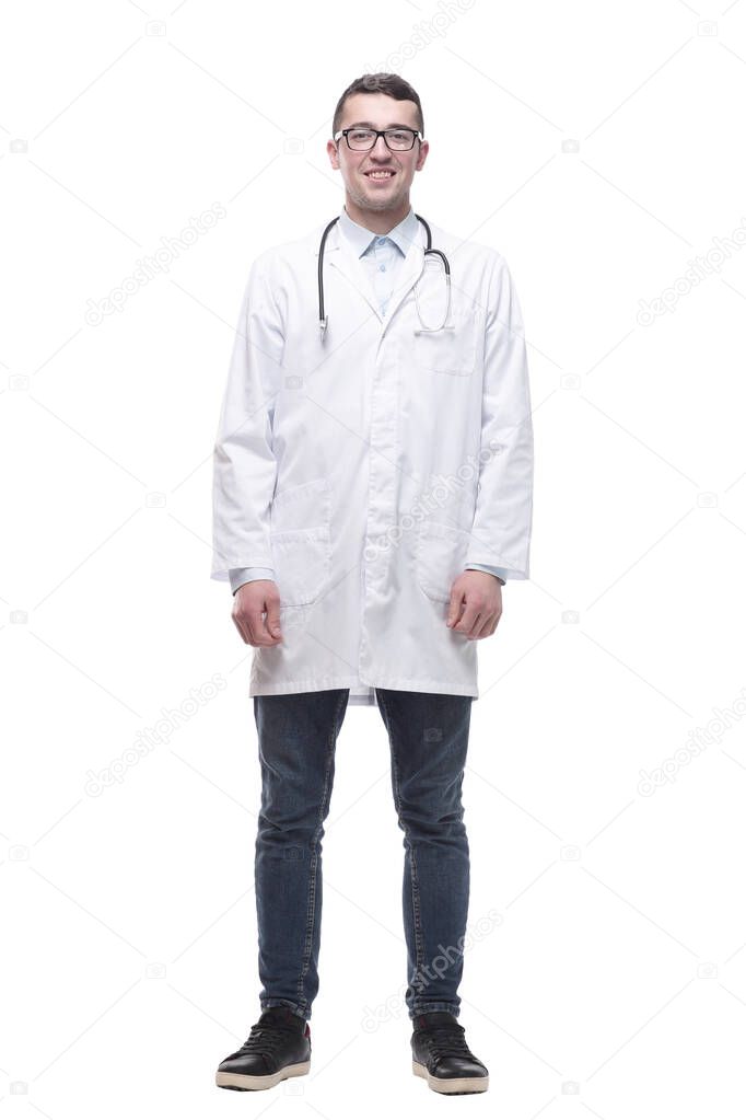 rear view. male doctor with a stethoscope. isolated on a white background.