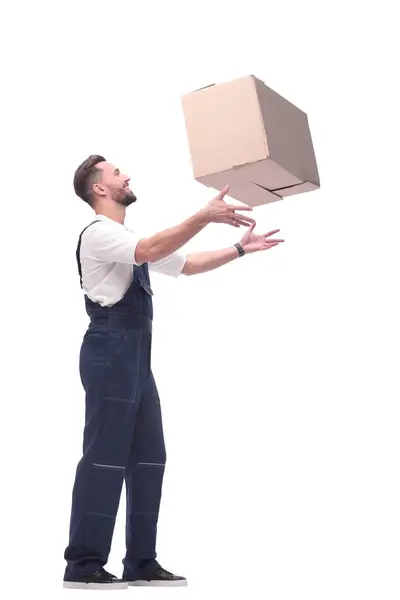 Side View Smiling Man Overalls Catches Cardboard Box Photo Copy — Stock Photo, Image