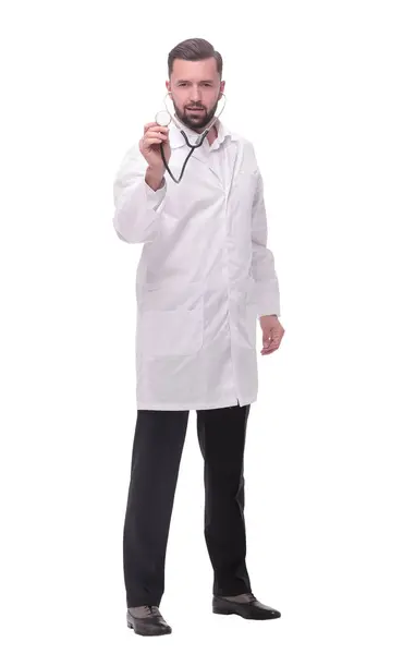 Pleno Crecimiento Terapeuta Médico Seguro Con Estetoscopio Aislado Blanco — Foto de Stock