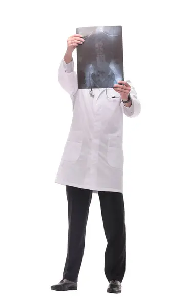 Full Growth Medical Doctor Looking Closely Ray Isolated White Background Royalty Free Stock Photos