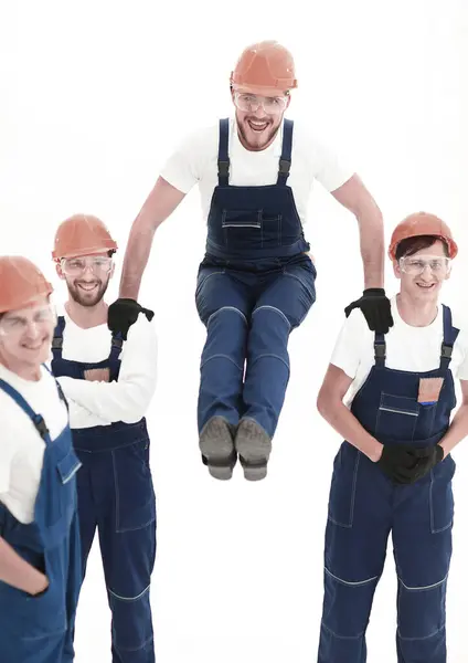 Construction Worker Sitting Shoulders Colleagues Isolated White Concept Teamwork — Stock Photo, Image