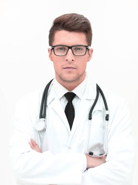 kendinden emin bir stetoskop .isolated beyaz üzerinde terapistle