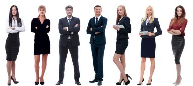 Bir grup başarılı iş adamı sırada bekliyor. beyaz üzerine izole