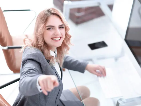 Closeup Smiling Business Woman Showing Forward Concept Success Business — Stock Photo, Image
