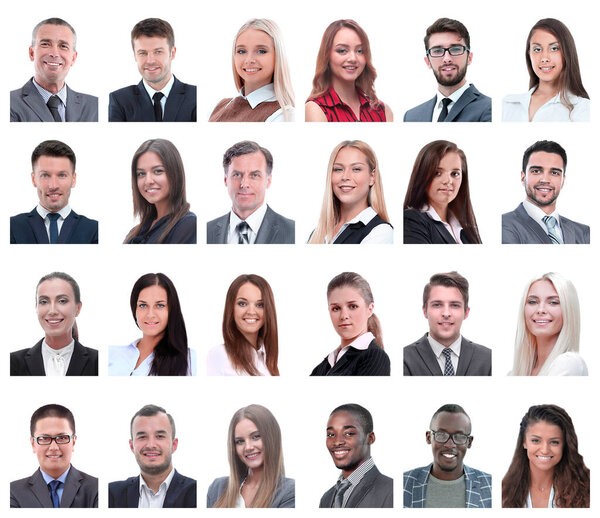Коллаж портретов бизнесменов, изолированных на белом фоне