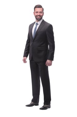 Tam gelişim. Gülümseyen genç iş adamı. beyaz arkaplanda izole