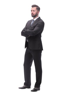 Tam gelişim. Gülümseyen genç iş adamı. beyaz arkaplanda izole