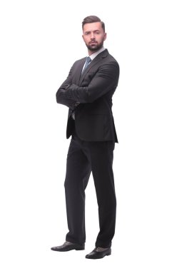 Tam gelişim. Gülümseyen genç iş adamı. beyaz arkaplanda izole