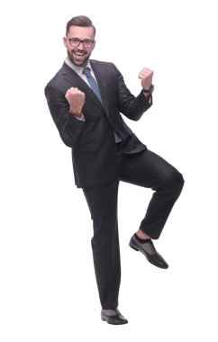 Tam boy. Mutlu ve başarılı genç iş adamı. beyaz arkaplanda izole