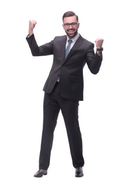 Tam boy. Çok mutlu genç bir iş adamı. beyaz arkaplanda izole