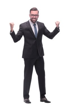 Tam boy. Çok mutlu genç bir iş adamı. beyaz arkaplanda izole