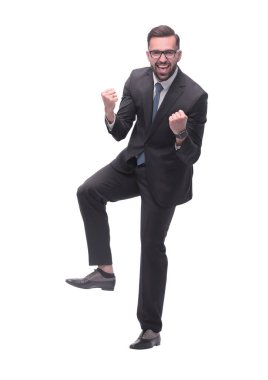 Tam boy. Çok mutlu genç bir iş adamı. beyaz arkaplanda izole