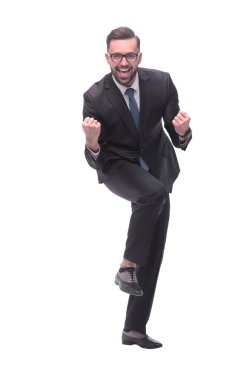 Tam boy. Çok mutlu genç bir iş adamı. beyaz arkaplanda izole