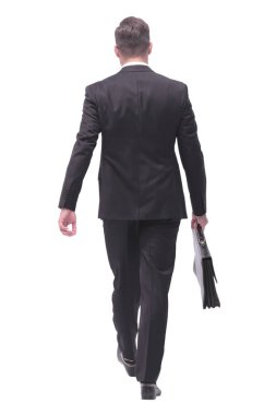 Dikiz aynası. Deri çantalı iş adamı öne çıkıyor. beyaz arkaplanda izole