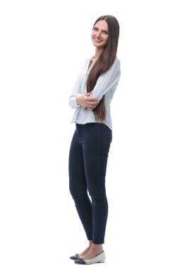 tam büyüme. rahat giysiler içinde modern kız . beyaz arka plan üzerinde izole