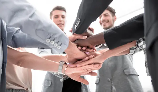 Group Businessmen Stacked Hands Showing Unity Teamwork — Stock Photo, Image