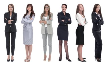 Beyaz arka planda izole edilmiş genç iş kadınlarının tam boy portrelerinin koleksiyonu