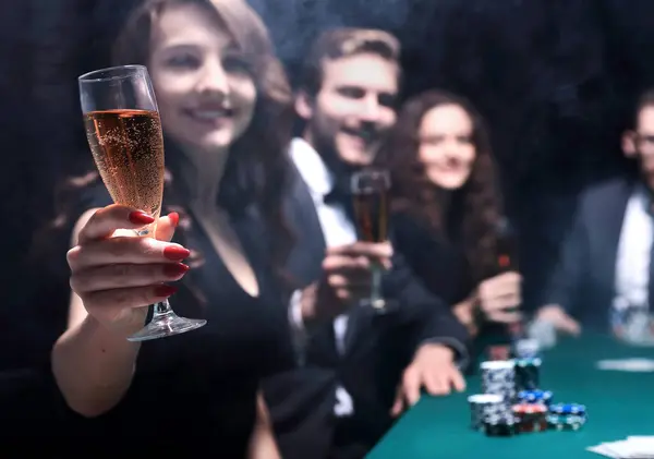 Successful Fashion Woman Glasses Wine Sitting Table Casino — Stock Photo, Image