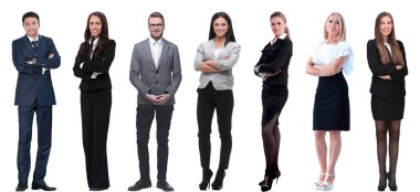 Bir grup başarılı iş adamı sırada bekliyor. beyaz üzerine izole