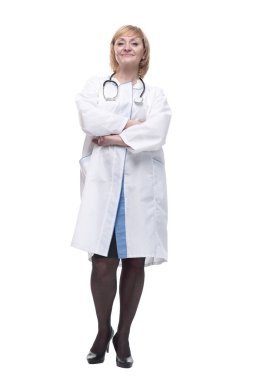 Steteskoplu, dost canlısı bir bayan doktor. beyaz arkaplanda izole edilmiş.