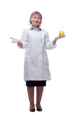 Tam gelişim. Kadın doktor test sonuçlarına işaret ediyor. beyaz arkaplanda izole edilmiş