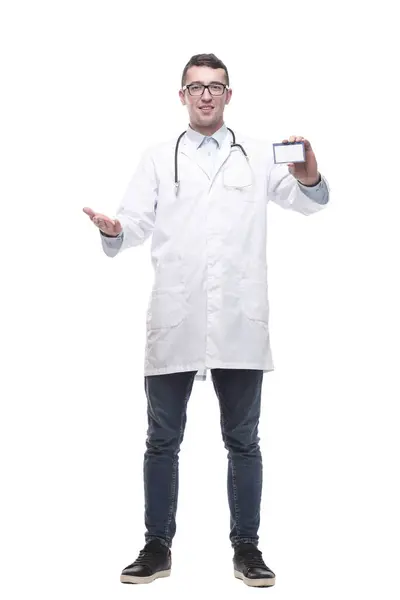 Doctor Stethoscope Showing His Business Card Isolated White Background — Stock Photo, Image