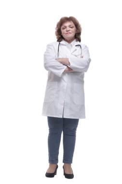 Tam gelişim. Steteskoplu bir kadın doktor. beyaz arkaplanda izole edilmiş