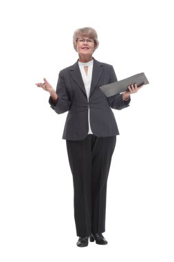 Senior stylish businesswoman wearing glasses and writing on clipboard isolated on white