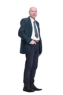 Düğmeleri iliklenmemiş ceketli, kendine güvenen bir iş adamı. beyaz arkaplanda izole edilmiş.