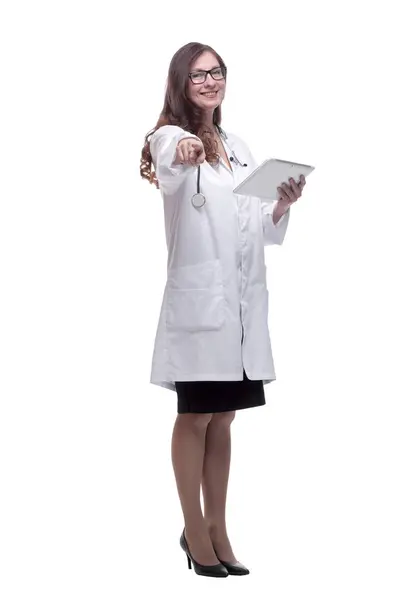 Full Growth Female Doctor Looking Digital Tablet Screen Isolated White — Stock Photo, Image