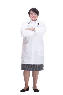Tam gelişim. Steteskoplu yaşlı bir kadın doktor. beyaz arkaplanda izole edilmiş.
