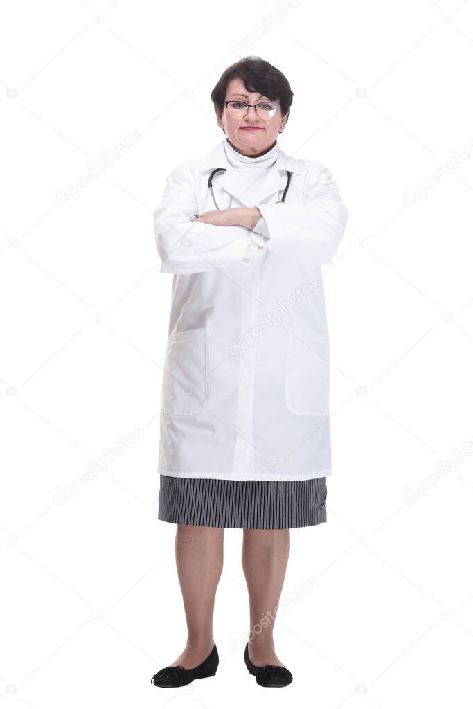 in full growth. senior female medic with a stethoscope . isolated on a white background.