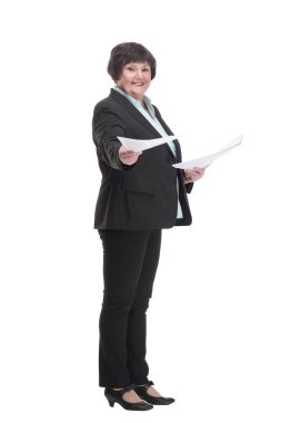 Dijital tabletli bir iş kadını. beyaz arkaplanda izole edilmiş.