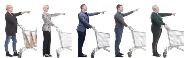 Group People Shopping Cart Point Fingers Front Them White Background — Stock Photo, Image