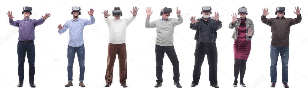 group of people with 3d glasses hands up isolated on white background