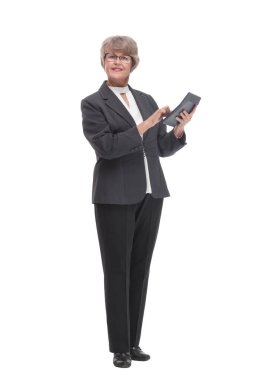 The elderly woman pointed at the calculator over white bacground