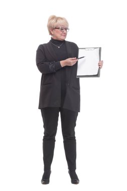 Tam gelişim. Dosyası olan yönetici bir iş kadını. beyaz arkaplanda izole edilmiş.