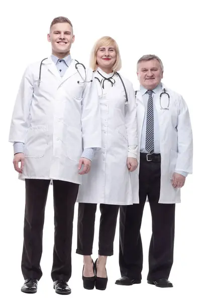 Full Growth Qualified Doctors Colleagues Standing Row Isolated White Background — Stock Photo, Image